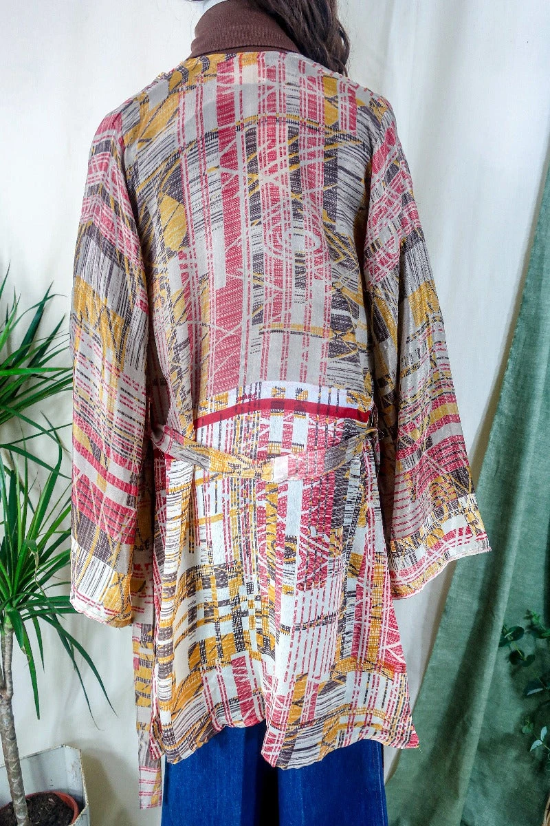 Karina Kimono Mini Dress - Vintage Sari - Earthy Mauve Abstract - Free Size S 4 Karina Kimono Mini Dress - Vintage Sari - Earthy Mauve Abstract - Free Size S - Image 4