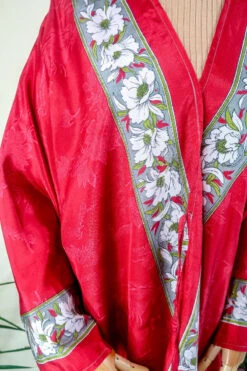 Karina Kimono Mini Dress - Vintage Sari - Crimson Nouveau Floral - Free Size S/M -KIKIS Clothing Shop karina midi length long sleeve boho kimono wide sleeve hippie jacket handmade from recycled vintage 70s indian silky sari colourful bohemian robe by all about audrey 45