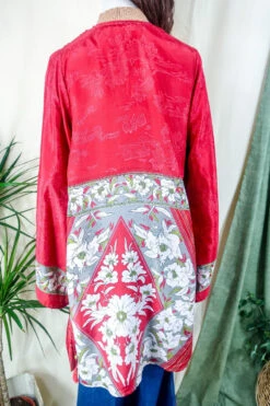Karina Kimono Mini Dress - Vintage Sari - Crimson Nouveau Floral - Free Size S/M -KIKIS Clothing Shop karina midi length long sleeve boho kimono wide sleeve hippie jacket handmade from recycled vintage 70s indian silky sari colourful bohemian robe by all about audrey 46