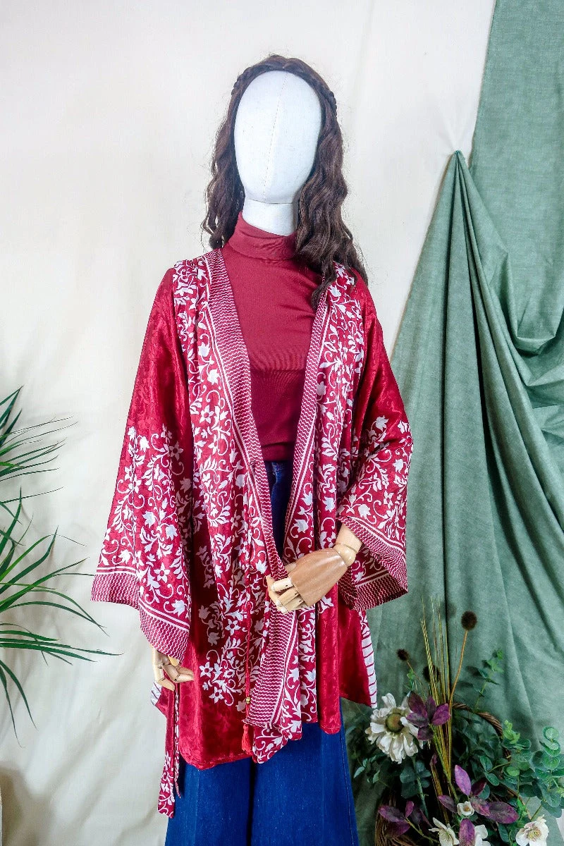 Karina Kimono Mini Dress - Vintage Sari - Ruby & Pearl Baroque Floral - Free Size S 1 Karina Kimono Mini Dress - Vintage Sari - Ruby & Pearl Baroque Floral - Free Size S