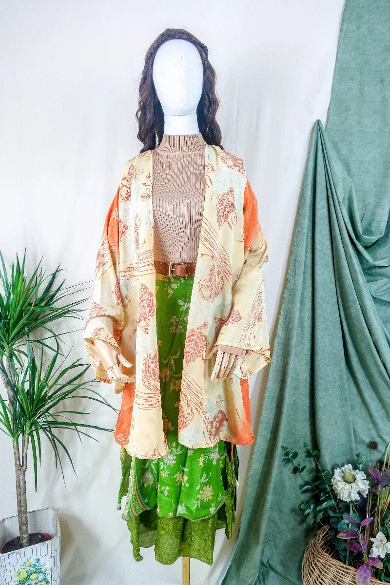 Karina Kimono Mini Dress - Vintage Sari - Tangerine & Misted Leaves - Free Size S 1 Karina Kimono Mini Dress - Vintage Sari - Tangerine & Misted Leaves - Free Size S