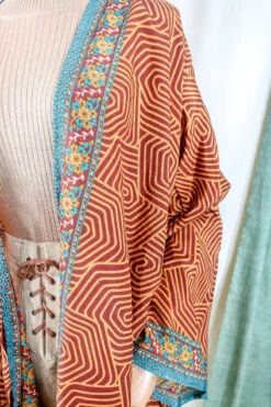 Karina Kimono Mini Dress - Vintage Sari - Earth Tone Retro Mandala - Free Size S/M -KIKIS Clothing Shop karina midi length long sleeve boho kimono wide sleeve hippie jacket handmade from recycled vintage 70s indian silky sari colourful bohemian robe by all about audrey 57
