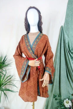Karina Kimono Mini Dress - Vintage Sari - Earth Tone Retro Mandala - Free Size S/M