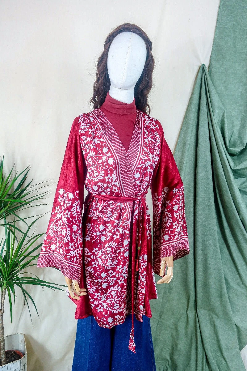 Karina Kimono Mini Dress - Vintage Sari - Ruby & Pearl Baroque Floral - Free Size S 2 Karina Kimono Mini Dress - Vintage Sari - Ruby & Pearl Baroque Floral - Free Size S - Image 2