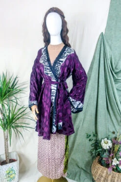 Karina Kimono Mini Dress - Vintage Sari - Vampy Berry Shimmer - Free Size S