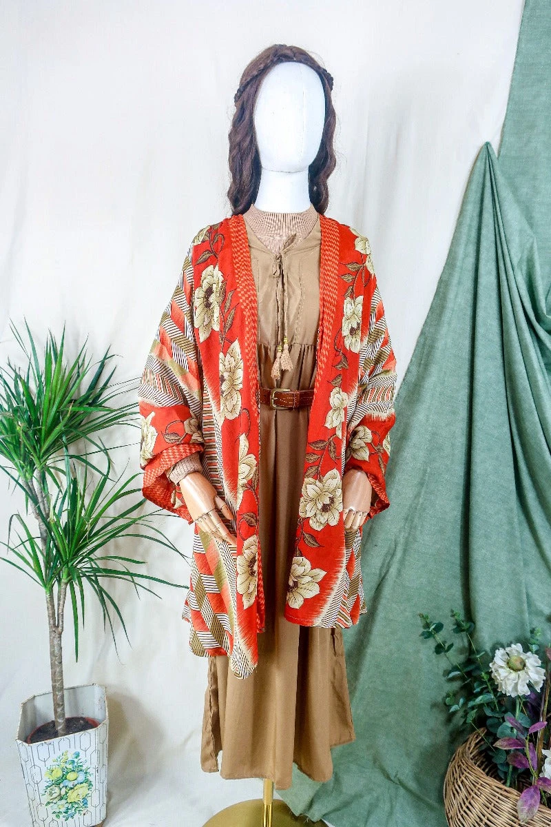 Karina Kimono Mini Dress - Vintage Sari - Burnt Orange Chevron Floral - Free Size S 2 Karina Kimono Mini Dress - Vintage Sari - Burnt Orange Chevron Floral - Free Size S - Image 2