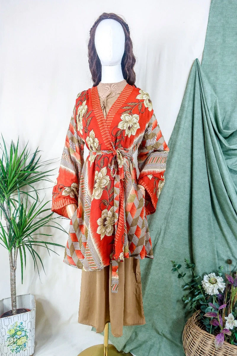 Karina Kimono Mini Dress - Vintage Sari - Burnt Orange Chevron Floral - Free Size S 1 Karina Kimono Mini Dress - Vintage Sari - Burnt Orange Chevron Floral - Free Size S