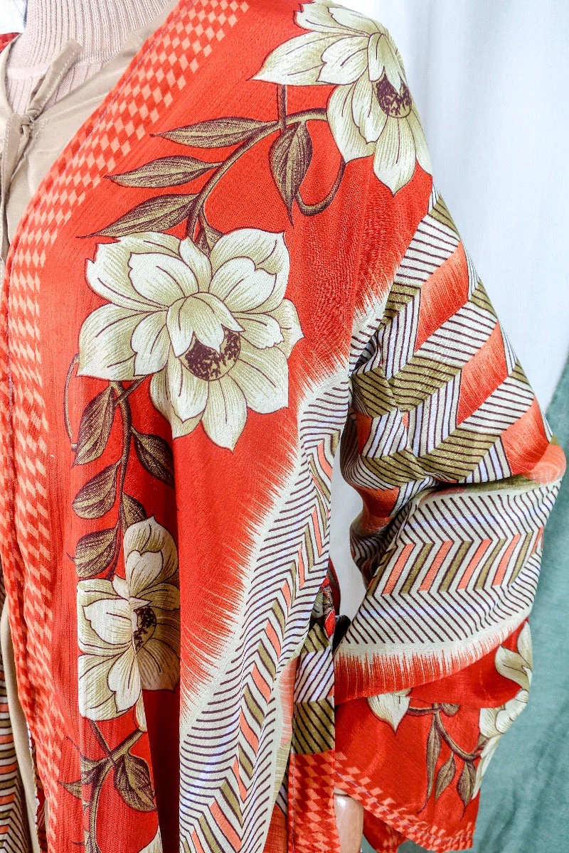 Karina Kimono Mini Dress - Vintage Sari - Burnt Orange Chevron Floral - Free Size S 4 Karina Kimono Mini Dress - Vintage Sari - Burnt Orange Chevron Floral - Free Size S - Image 4