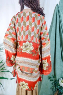 Karina Kimono Mini Dress - Vintage Sari - Burnt Orange Chevron Floral - Free Size S 7 Karina Kimono Mini Dress - Vintage Sari - Burnt Orange Chevron Floral - Free Size S -KIKIS Clothing Shop karina midi length long sleeve boho kimono wide sleeve hippie jacket handmade from recycled vintage 70s indian silky sari colourful bohemian robe by all about audrey 76