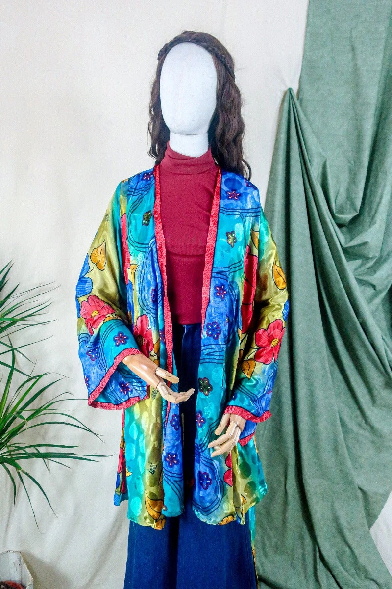 Karina Kimono Mini Dress - Vintage Sari - Vivid Kaleidoscope Floral - Free Size S/M 1 Karina Kimono Mini Dress - Vintage Sari - Vivid Kaleidoscope Floral - Free Size S/M