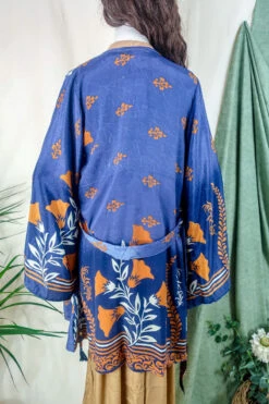 Karina Kimono Mini Dress - Vintage Sari - Faded Heather & Copper Floral - Free Size M/L -KIKIS Clothing Shop karina midi length long sleeve boho kimono wide sleeve hippie jacket handmade from recycled vintage 70s indian silky sari colourful bohemian robe by all about audrey 80