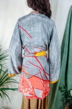 Karina Kimono Mini Dress - Vintage Sari - Grey Smoke Abstract - Free Size M/L -KIKIS Clothing Shop karina midi length long sleeve boho kimono wide sleeve hippie jacket handmade from recycled vintage 70s indian silky sari colourful bohemian robe by all about audrey 83