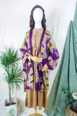 Karina Kimono Mini Dress - Vintage Sari - Embellished Olive & Plum Floral - Free Size M