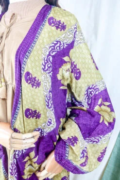 Karina Kimono Mini Dress - Vintage Sari - Embellished Olive & Plum Floral - Free Size M -KIKIS Clothing Shop karina midi length long sleeve boho kimono wide sleeve hippie jacket handmade from recycled vintage 70s indian silky sari colourful bohemian robe by all about audrey 86