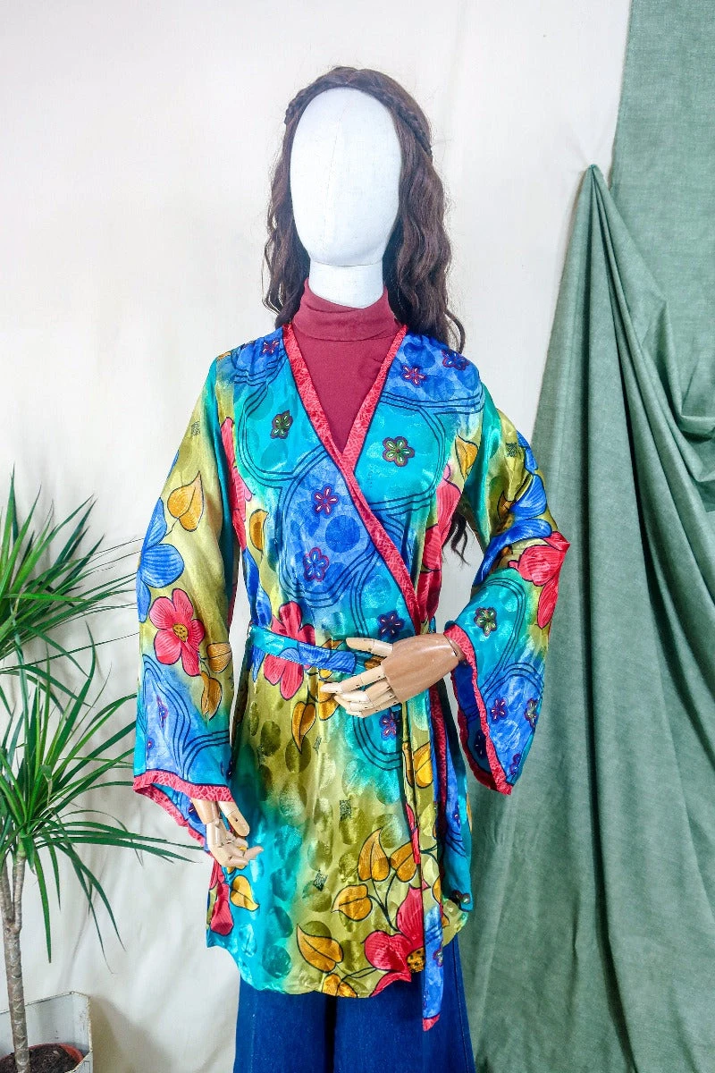 Karina Kimono Mini Dress - Vintage Sari - Vivid Kaleidoscope Floral - Free Size S/M 2 Karina Kimono Mini Dress - Vintage Sari - Vivid Kaleidoscope Floral - Free Size S/M - Image 2