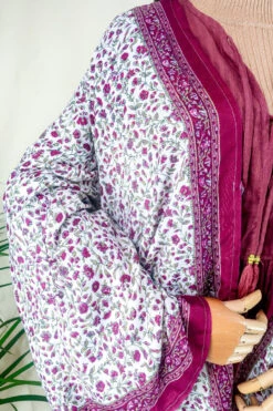 Karina Kimono Mini Dress - Vintage Sari - Salt White & Rosehip Wildflower - Free Size S/M -KIKIS Clothing Shop karina midi length long sleeve boho kimono wide sleeve hippie jacket handmade from recycled vintage 70s indian silky sari colourful bohemian robe by all about audrey 94