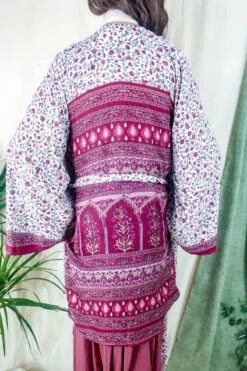 Karina Kimono Mini Dress - Vintage Sari - Salt White & Rosehip Wildflower - Free Size S/M -KIKIS Clothing Shop karina midi length long sleeve boho kimono wide sleeve hippie jacket handmade from recycled vintage 70s indian silky sari colourful bohemian robe by all about audrey 96
