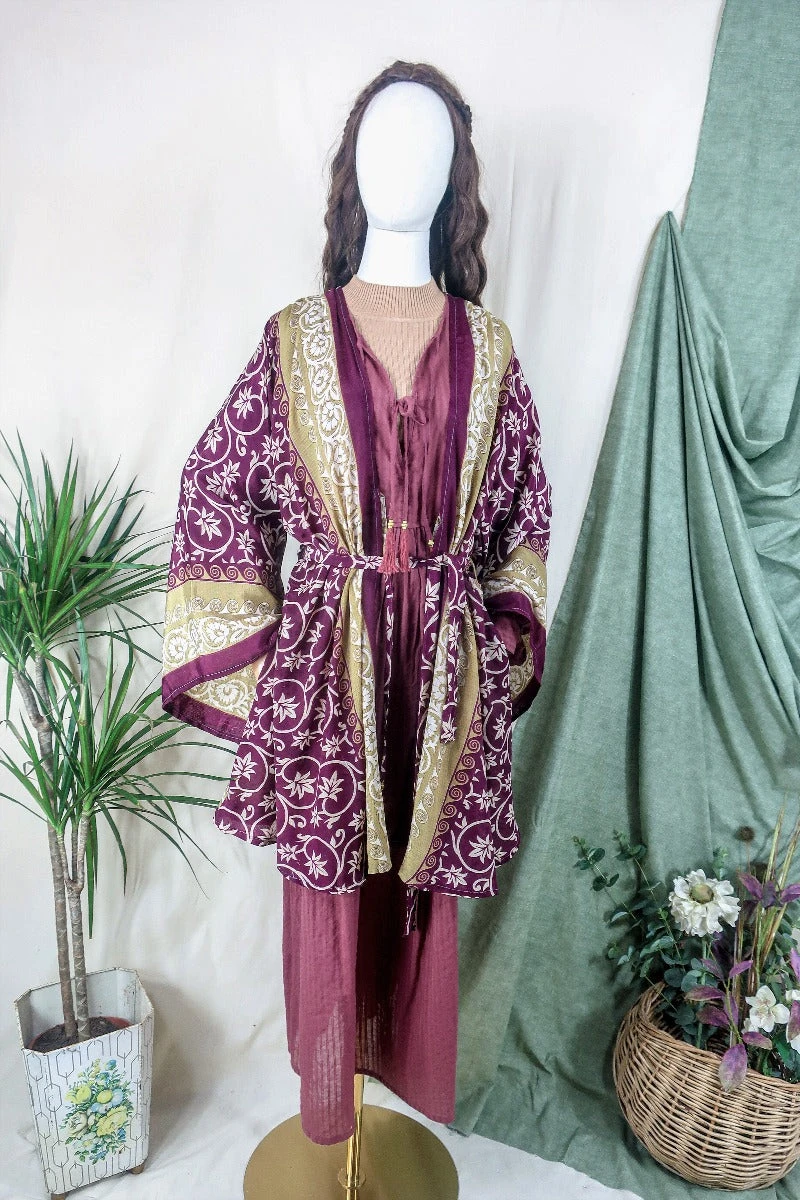 Karina Kimono Mini Dress - Vintage Sari - Blackberry Leaves - Free Size XL 1 Karina Kimono Mini Dress - Vintage Sari - Blackberry Leaves - Free Size XL