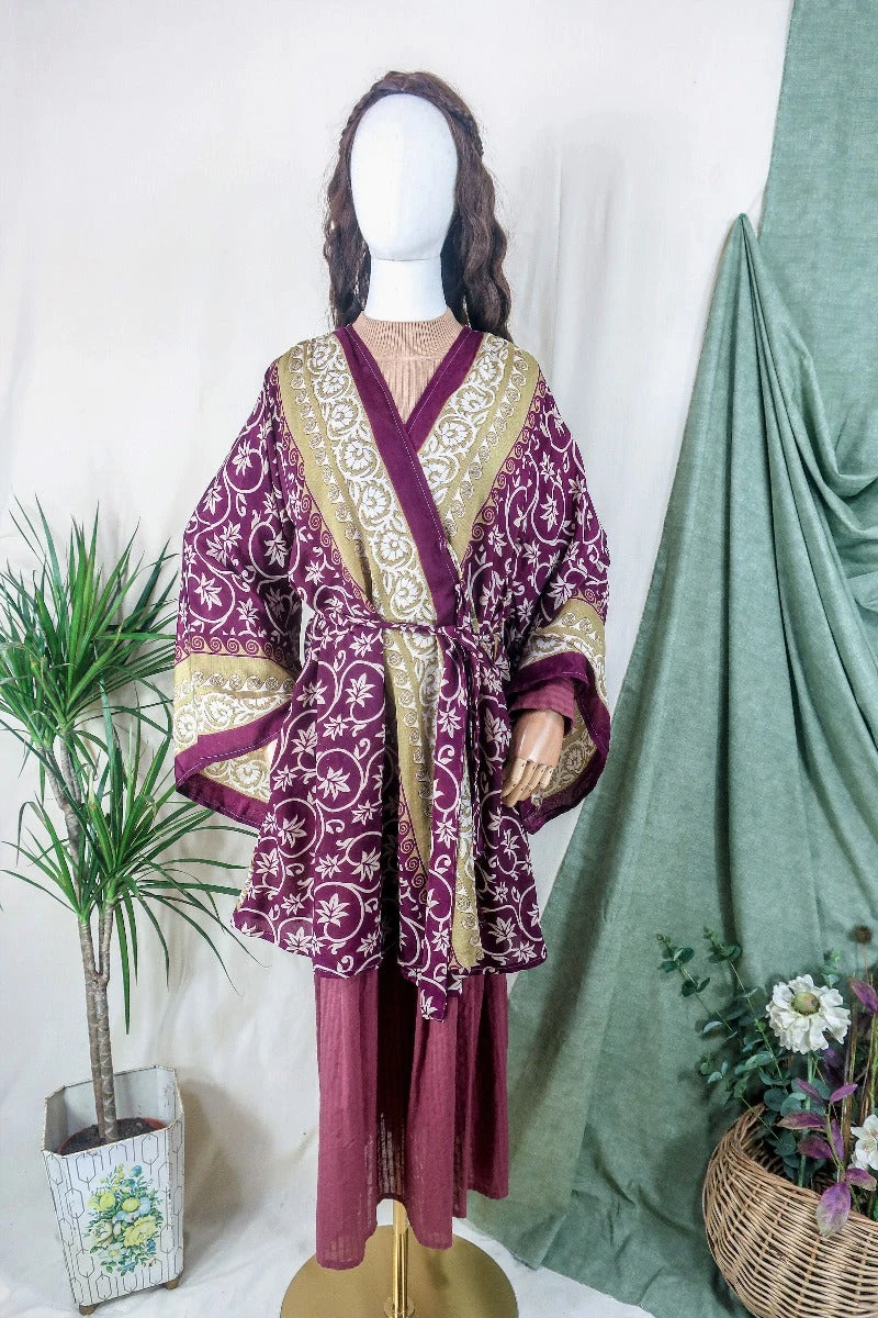 Karina Kimono Mini Dress - Vintage Sari - Blackberry Leaves - Free Size XL 2 Karina Kimono Mini Dress - Vintage Sari - Blackberry Leaves - Free Size XL - Image 2