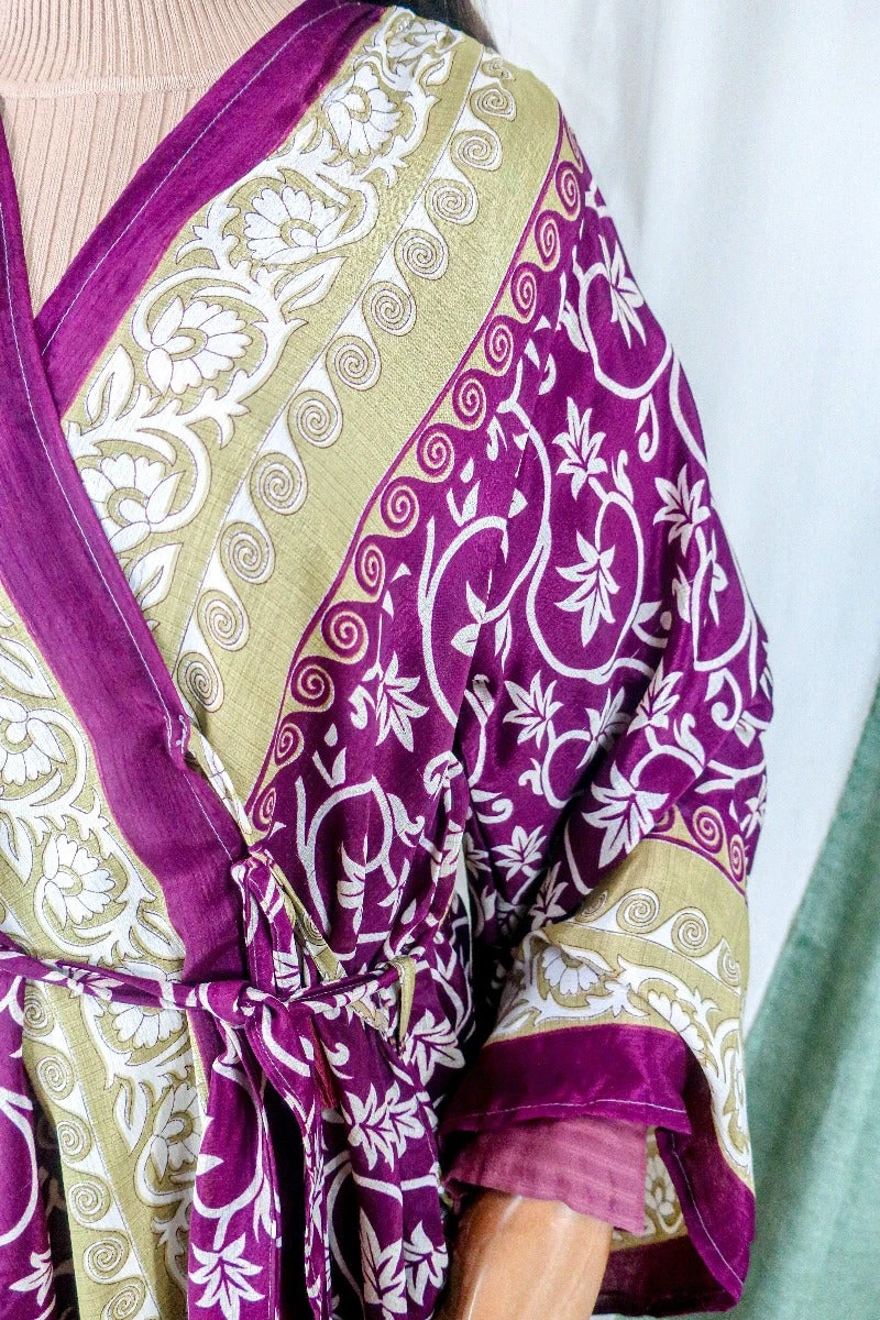 Karina Kimono Mini Dress - Vintage Sari - Blackberry Leaves - Free Size XL 3 Karina Kimono Mini Dress - Vintage Sari - Blackberry Leaves - Free Size XL - Image 3