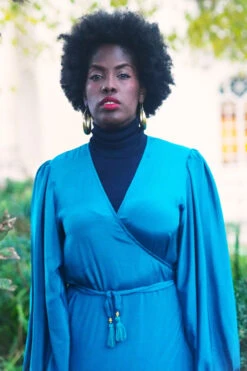 Khroma Lola Wrap Dress - Persian Teal -KIKIS Clothing Shop lola 70s long sleeve maxi wrap dress boho balloon sleeve long wrap dress in dark teal blue handmade by all about audrey 2