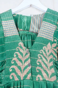 Lunar Mini Dress - Vintage Sari - Dappled Green & Gold - Size XXS/XS Petite -KIKIS Clothing Shop lunar mini long sleeve boho dress hippy short dress wide sleeves drop hem frill skirt button up neckline handmade from recycled 70s vintage indian silky sari by all about audrey 100