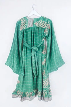 Lunar Mini Dress - Vintage Sari - Dappled Green & Gold - Size XXS/XS Petite -KIKIS Clothing Shop lunar mini long sleeve boho dress hippy short dress wide sleeves drop hem frill skirt button up neckline handmade from recycled 70s vintage indian silky sari by all about audrey 101