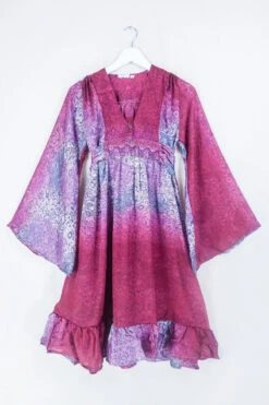 Lunar Mini Dress - Vintage Sari - Sunset Pink & Lavender Floral Paisley - Size XXS Petite