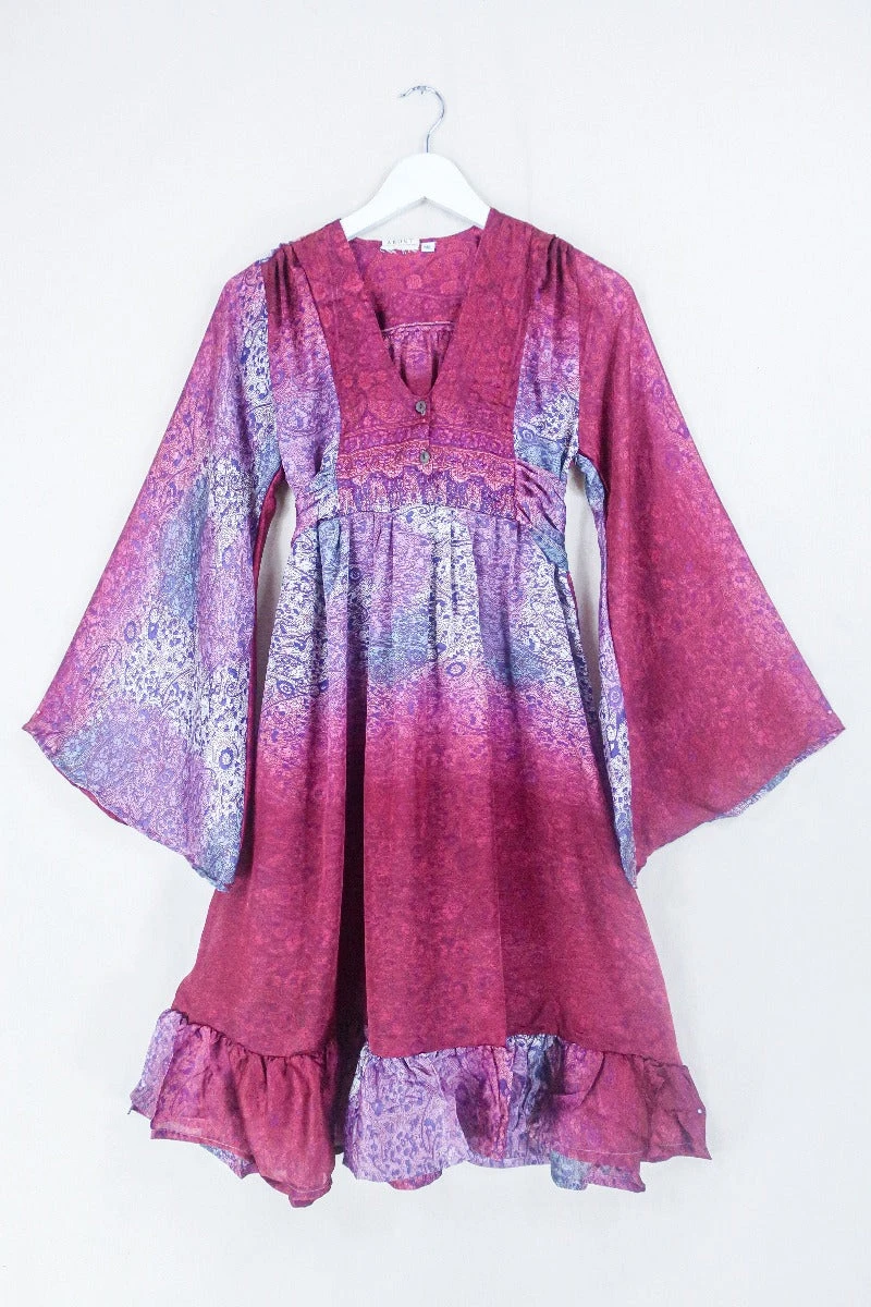 Lunar Mini Dress - Vintage Sari - Sunset Pink & Lavender Floral Paisley - Size XXS Petite 1 Lunar Mini Dress - Vintage Sari - Sunset Pink & Lavender Floral Paisley - Size XXS Petite