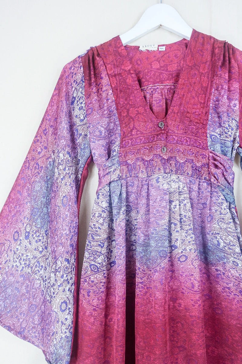 Lunar Mini Dress - Vintage Sari - Sunset Pink & Lavender Floral Paisley - Size XXS Petite 2 Lunar Mini Dress - Vintage Sari - Sunset Pink & Lavender Floral Paisley - Size XXS Petite - Image 2