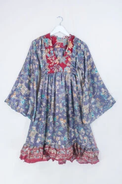 Lunar Mini Dress - Vintage Sari - Mauve, Ruby & Peach Floral - Size XXS Petite