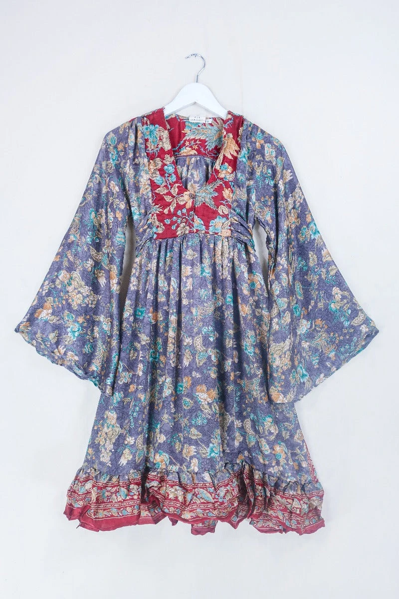 Lunar Mini Dress - Vintage Sari - Mauve, Ruby & Peach Floral - Size XXS Petite 1 Lunar Mini Dress - Vintage Sari - Mauve, Ruby & Peach Floral - Size XXS Petite