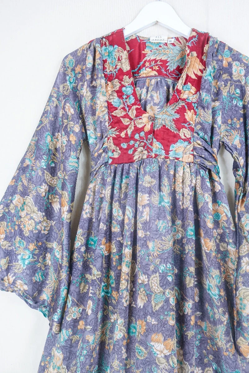 Lunar Mini Dress - Vintage Sari - Mauve, Ruby & Peach Floral - Size XXS Petite 2 Lunar Mini Dress - Vintage Sari - Mauve, Ruby & Peach Floral - Size XXS Petite - Image 2