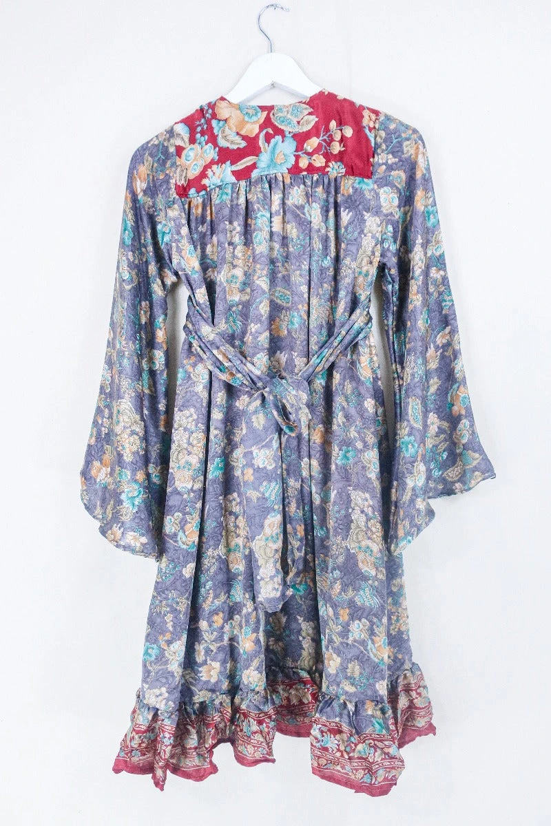 Lunar Mini Dress - Vintage Sari - Mauve, Ruby & Peach Floral - Size XXS Petite 3 Lunar Mini Dress - Vintage Sari - Mauve, Ruby & Peach Floral - Size XXS Petite - Image 3