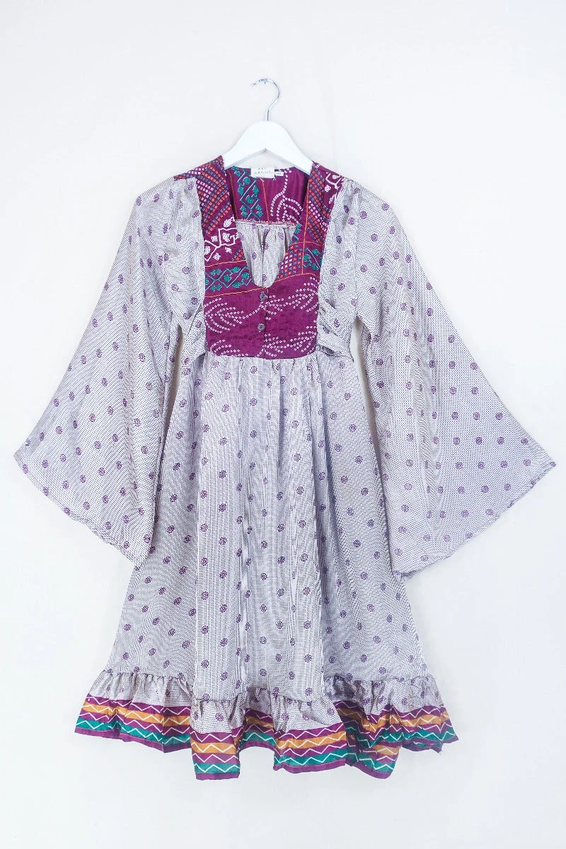 Lunar Mini Dress - Vintage Sari - Plum & Silver Mink Mandala - Size XXS Petite 1 Lunar Mini Dress - Vintage Sari - Plum & Silver Mink Mandala - Size XXS Petite