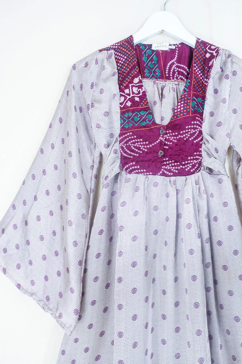 Lunar Mini Dress - Vintage Sari - Plum & Silver Mink Mandala - Size XXS Petite 2 Lunar Mini Dress - Vintage Sari - Plum & Silver Mink Mandala - Size XXS Petite - Image 2