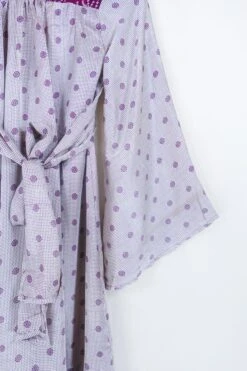 Lunar Mini Dress - Vintage Sari - Plum & Silver Mink Mandala - Size XXS Petite 7 Lunar Mini Dress - Vintage Sari - Plum & Silver Mink Mandala - Size XXS Petite -KIKIS Clothing Shop lunar mini long sleeve boho dress hippy short dress wide sleeves drop hem frill skirt button up neckline handmade from recycled 70s vintage indian silky sari by all about audrey 57