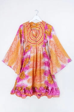 Lunar Mini Dress - Vintage Sari - Crystal Amber Floral - Size XXS Petite