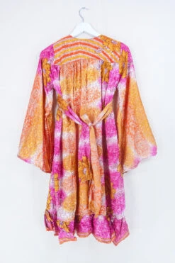 Lunar Mini Dress - Vintage Sari - Crystal Amber Floral - Size XXS Petite -KIKIS Clothing Shop lunar mini long sleeve boho dress hippy short dress wide sleeves drop hem frill skirt button up neckline handmade from recycled 70s vintage indian silky sari by all about audrey 69