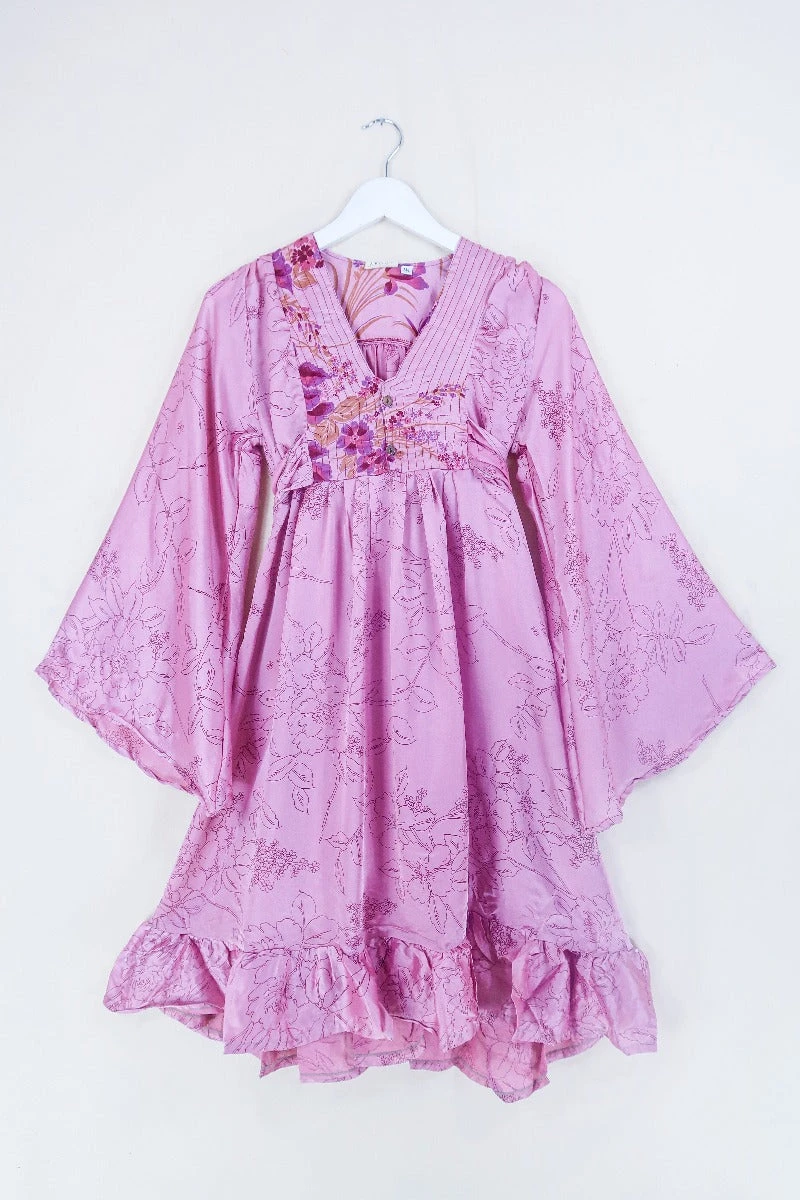 Lunar Mini Dress - Vintage Sari - Dusky Rose Pink Painted Floral - Size XXS Petite 1 Lunar Mini Dress - Vintage Sari - Dusky Rose Pink Painted Floral - Size XXS Petite