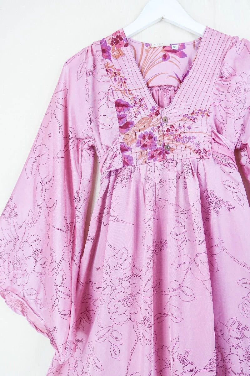 Lunar Mini Dress - Vintage Sari - Dusky Rose Pink Painted Floral - Size XXS Petite 2 Lunar Mini Dress - Vintage Sari - Dusky Rose Pink Painted Floral - Size XXS Petite - Image 2