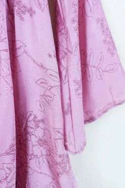 Lunar Mini Dress - Vintage Sari - Dusky Rose Pink Painted Floral - Size XXS Petite 7 Lunar Mini Dress - Vintage Sari - Dusky Rose Pink Painted Floral - Size XXS Petite -KIKIS Clothing Shop lunar mini long sleeve boho dress hippy short dress wide sleeves drop hem frill skirt button up neckline handmade from recycled 70s vintage indian silky sari by all about audrey 72