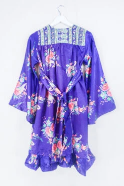 Lunar Mini Dress - Vintage Sari - Bright Amethyst Wallpaper Floral - Size XXS Petite -KIKIS Clothing Shop lunar mini long sleeve boho dress hippy short dress wide sleeves drop hem frill skirt button up neckline handmade from recycled 70s vintage indian silky sari by all about audrey 76