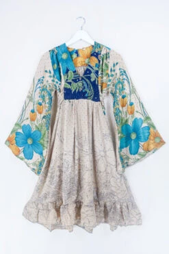 Lunar Mini Dress - Vintage Sari - Sandy Gold & Navy Floral - Size XXS Petite