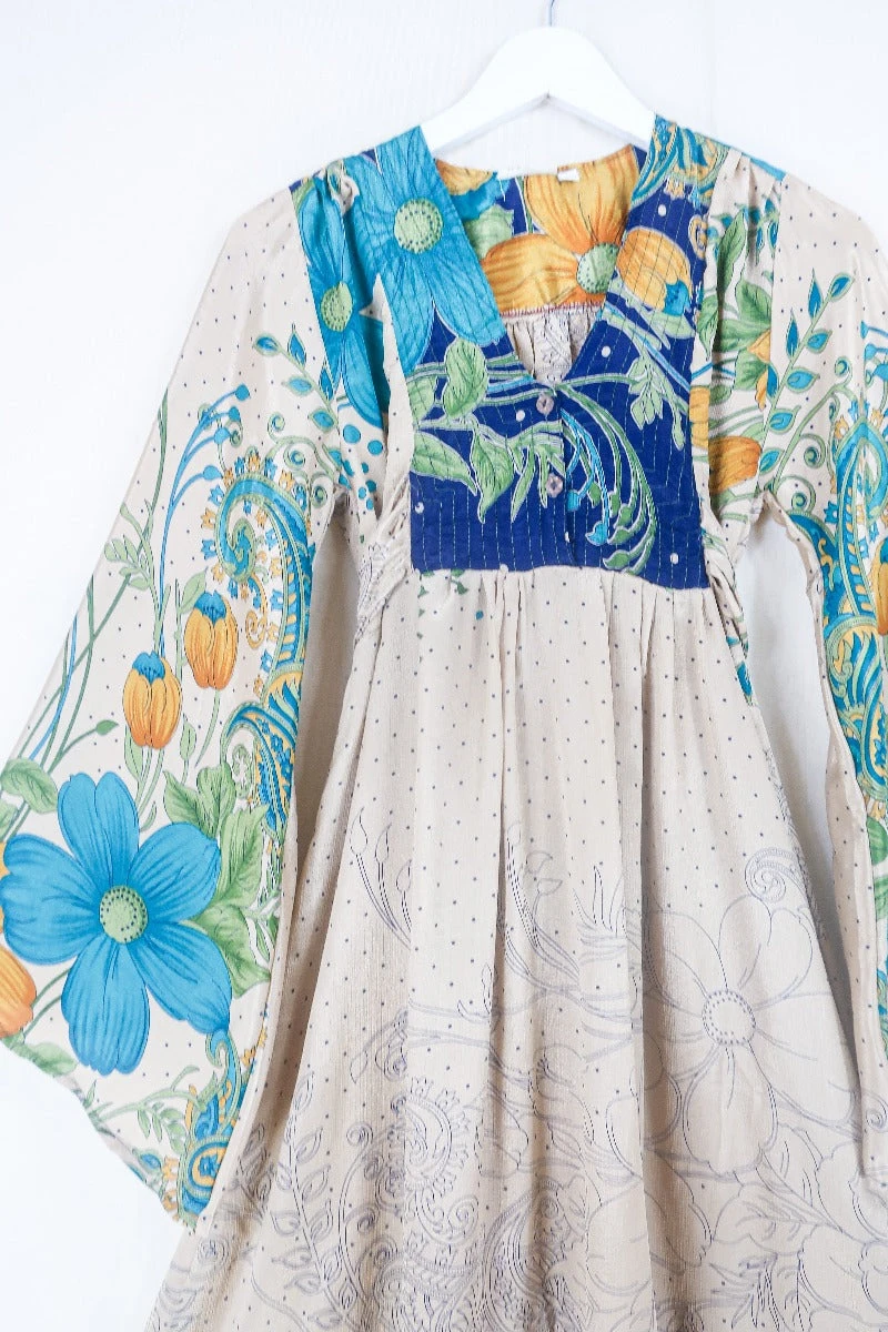 Lunar Mini Dress - Vintage Sari - Sandy Gold & Navy Floral - Size XXS Petite 2 Lunar Mini Dress - Vintage Sari - Sandy Gold & Navy Floral - Size XXS Petite - Image 2