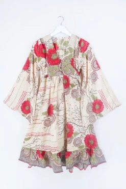 Lunar Mini Dress - Vintage Sari - Ivory & Ruby Red Bold Floral - Size XXS Petite