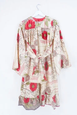 Lunar Mini Dress - Vintage Sari - Ivory & Ruby Red Bold Floral - Size XXS Petite 5 Lunar Mini Dress - Vintage Sari - Ivory & Ruby Red Bold Floral - Size XXS Petite -KIKIS Clothing Shop lunar mini long sleeve boho dress hippy short dress wide sleeves drop hem frill skirt button up neckline handmade from recycled 70s vintage indian silky sari by all about audrey 85