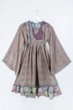 Lunar Mini Dress - Vintage Sari - Clay Brown Garden Path Floral - Size XXS Petite