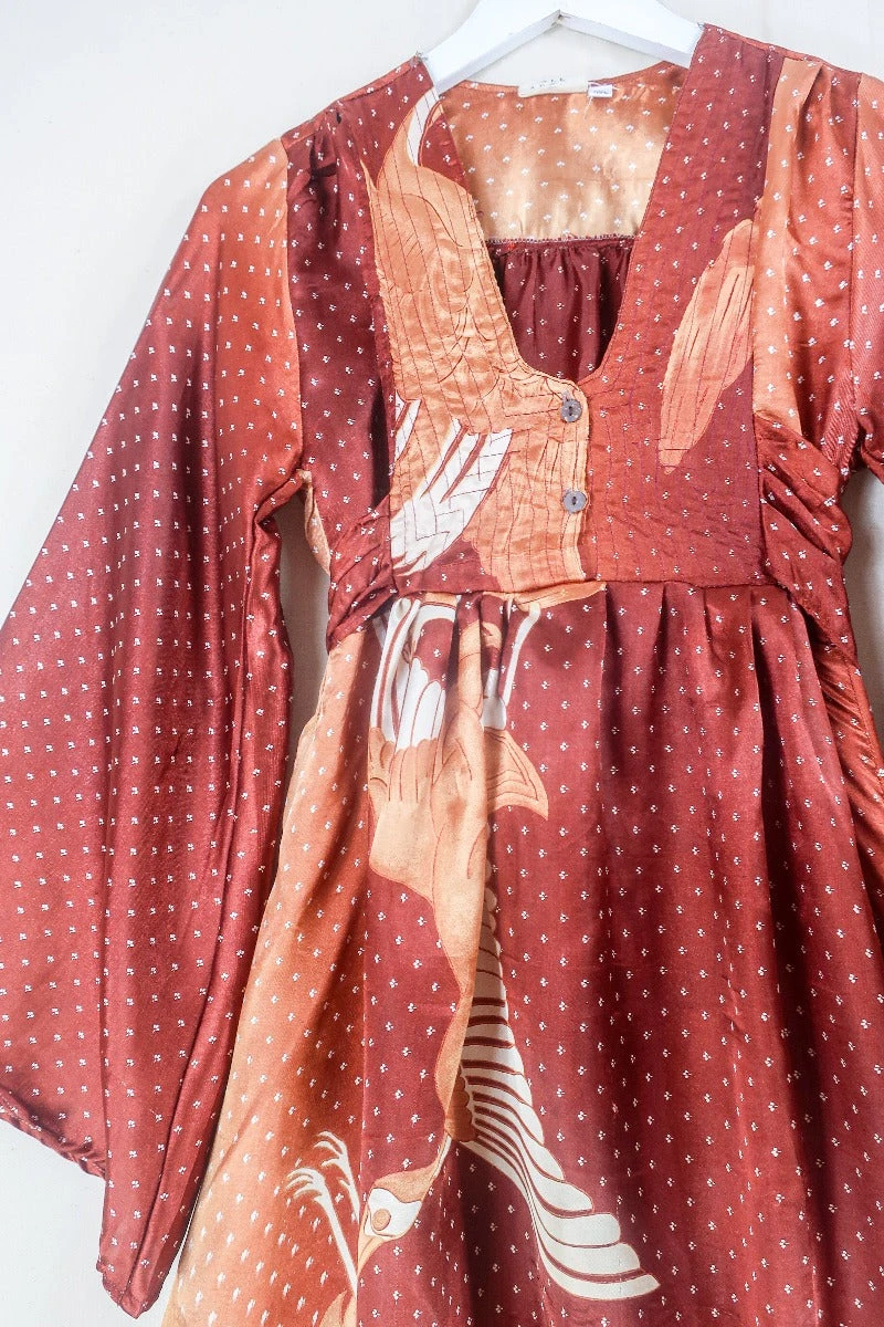 Lunar Mini Dress - Vintage Sari - Bronze & Copper Ombre Cranes - Size XXS/XS Petite 2 Lunar Mini Dress - Vintage Sari - Bronze & Copper Ombre Cranes - Size XXS/XS Petite - Image 2