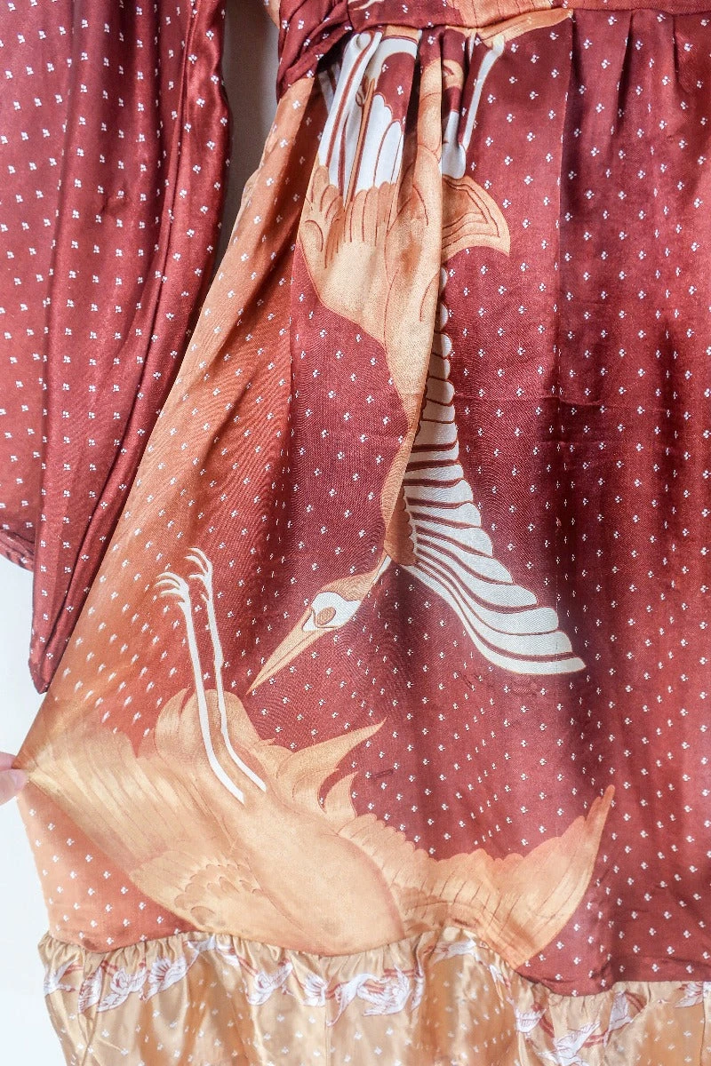 Lunar Mini Dress - Vintage Sari - Bronze & Copper Ombre Cranes - Size XXS/XS Petite 3 Lunar Mini Dress - Vintage Sari - Bronze & Copper Ombre Cranes - Size XXS/XS Petite - Image 3